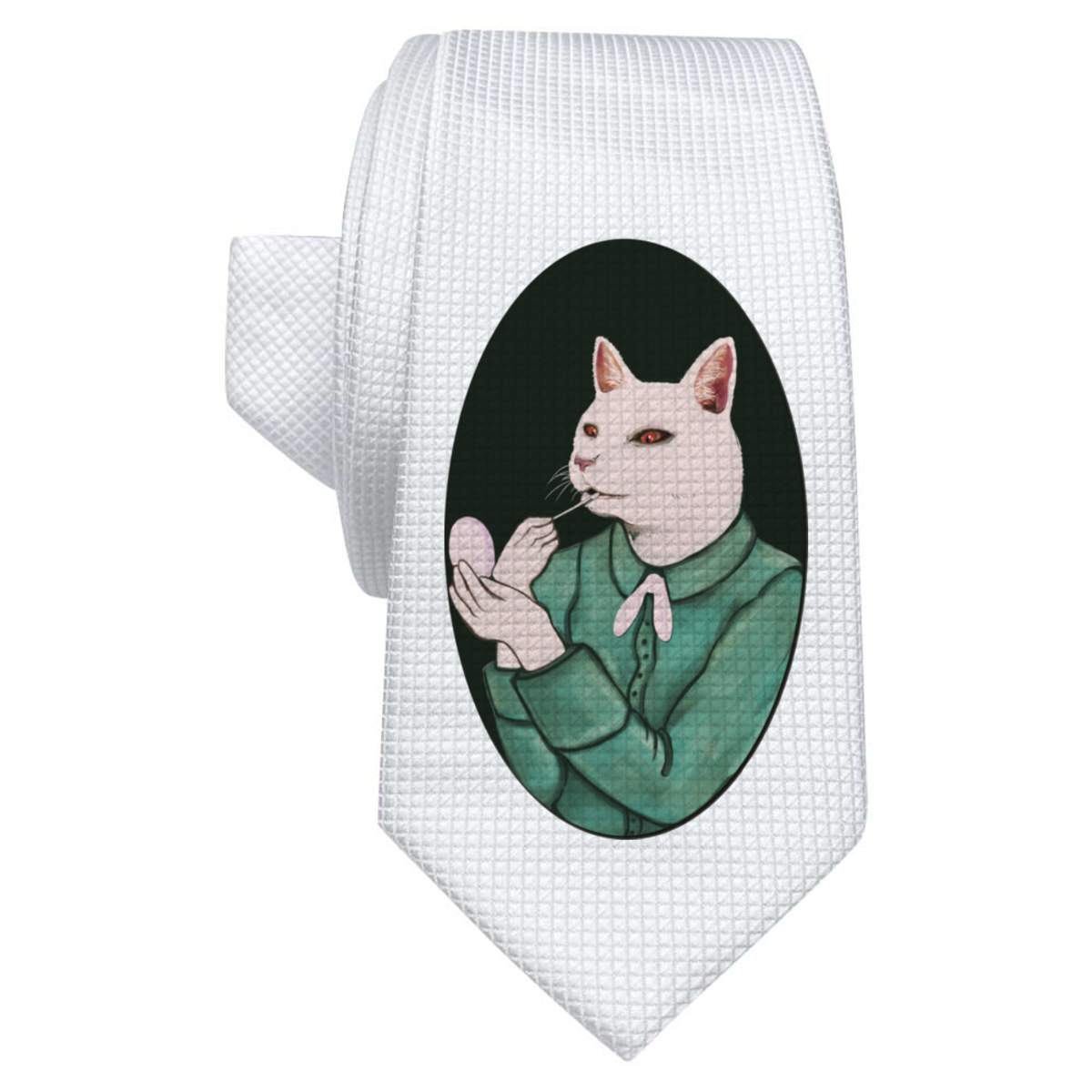 'Cat Wearing Lip Gloss' White Tie / Necktie with Gift Box (AT00004856)