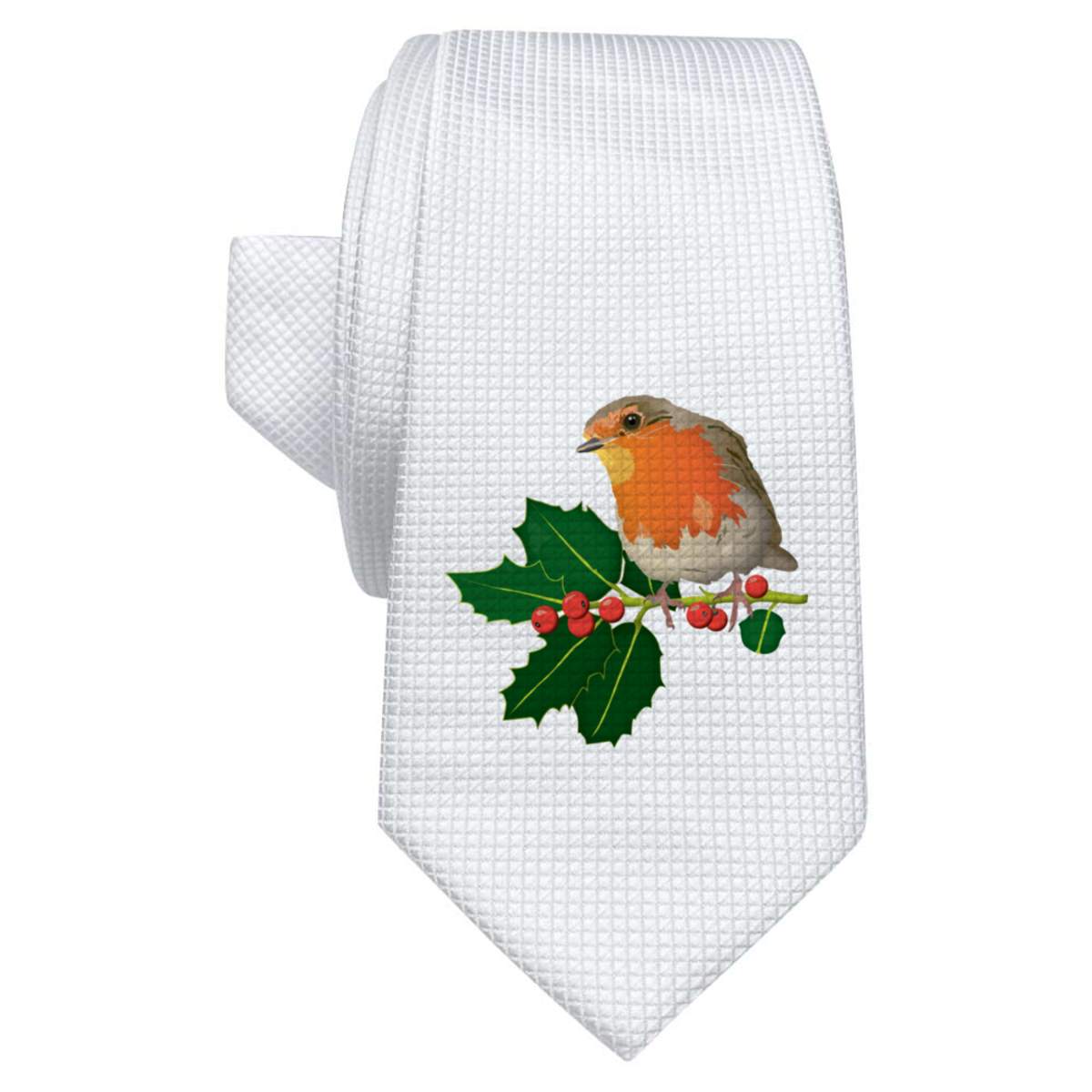 'Christmas Robin' White Tie / Necktie with Gift Box (AT00007487)