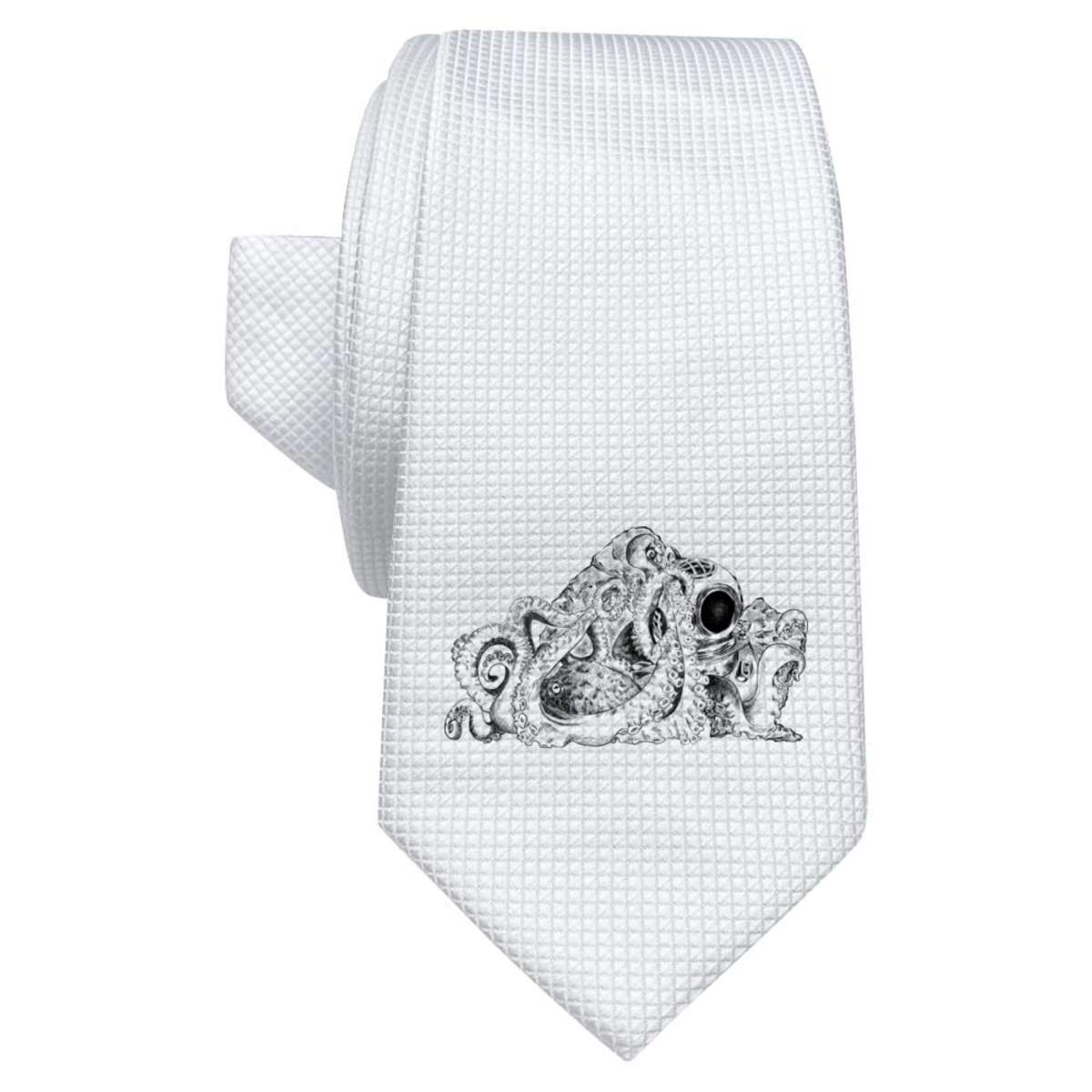 'Octopus & Diving Helmet' White Tie / Necktie with Gift Box (AT00007936)