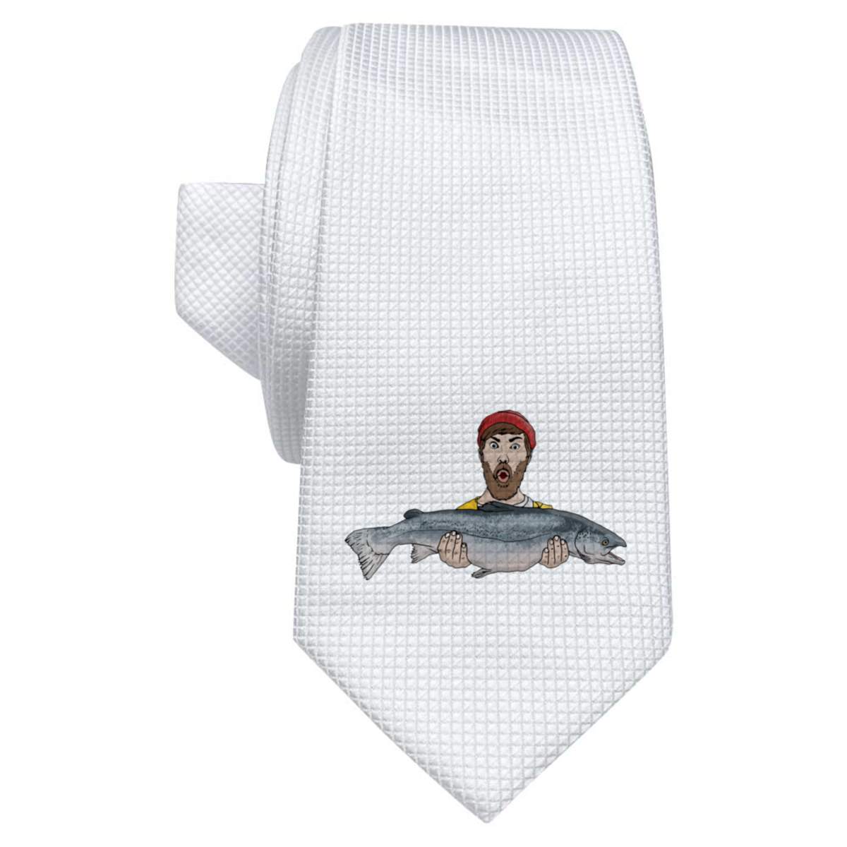 'Fisherman Holding Fish' White Tie / Necktie with Gift Box (AT00008495)