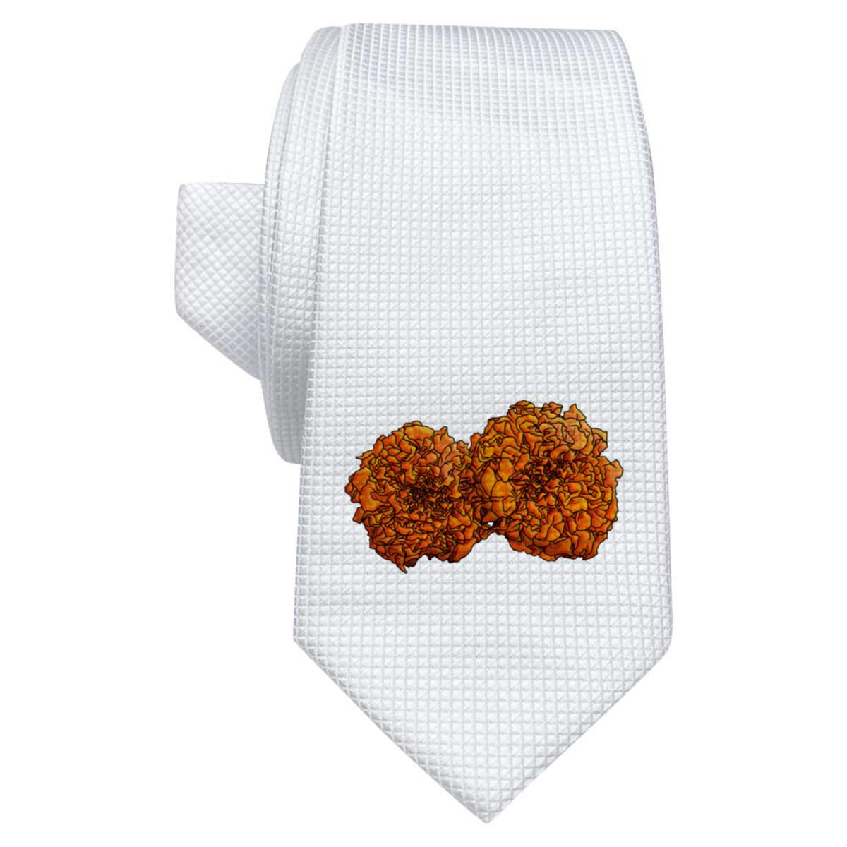 'Orange Marigolds' White Tie / Necktie with Gift Box (AT00011337)