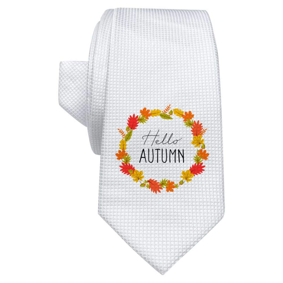 'Hello Autumn Leaf Wreath' White Tie / Necktie with Gift Box (AT00011637)