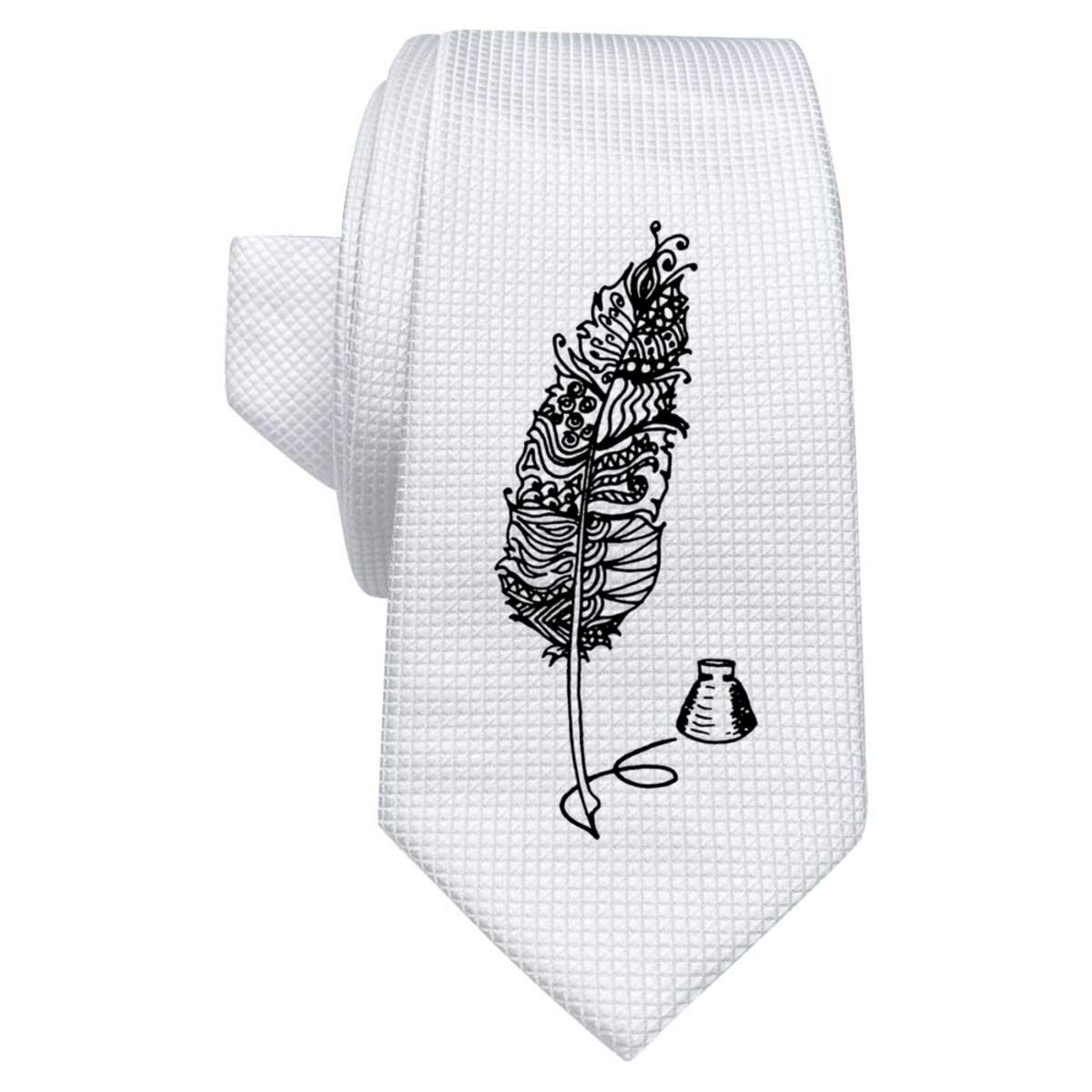 'Feather Quill Pen & Ink' White Tie / Necktie with Gift Box (AT00012203)