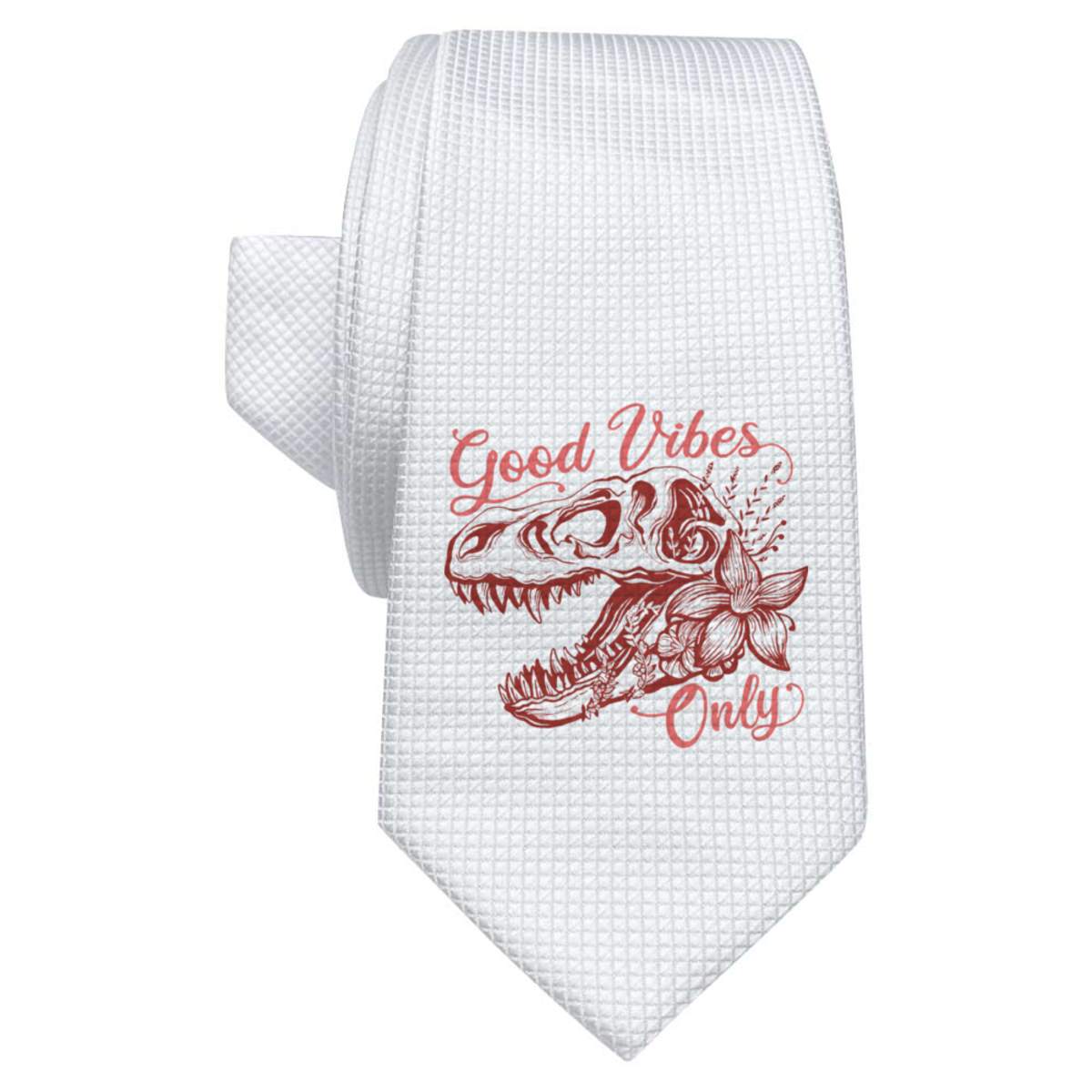 'Good Vibes Floral Dinosaur Skull' White Tie / Necktie with Gift Box (AT00013303)