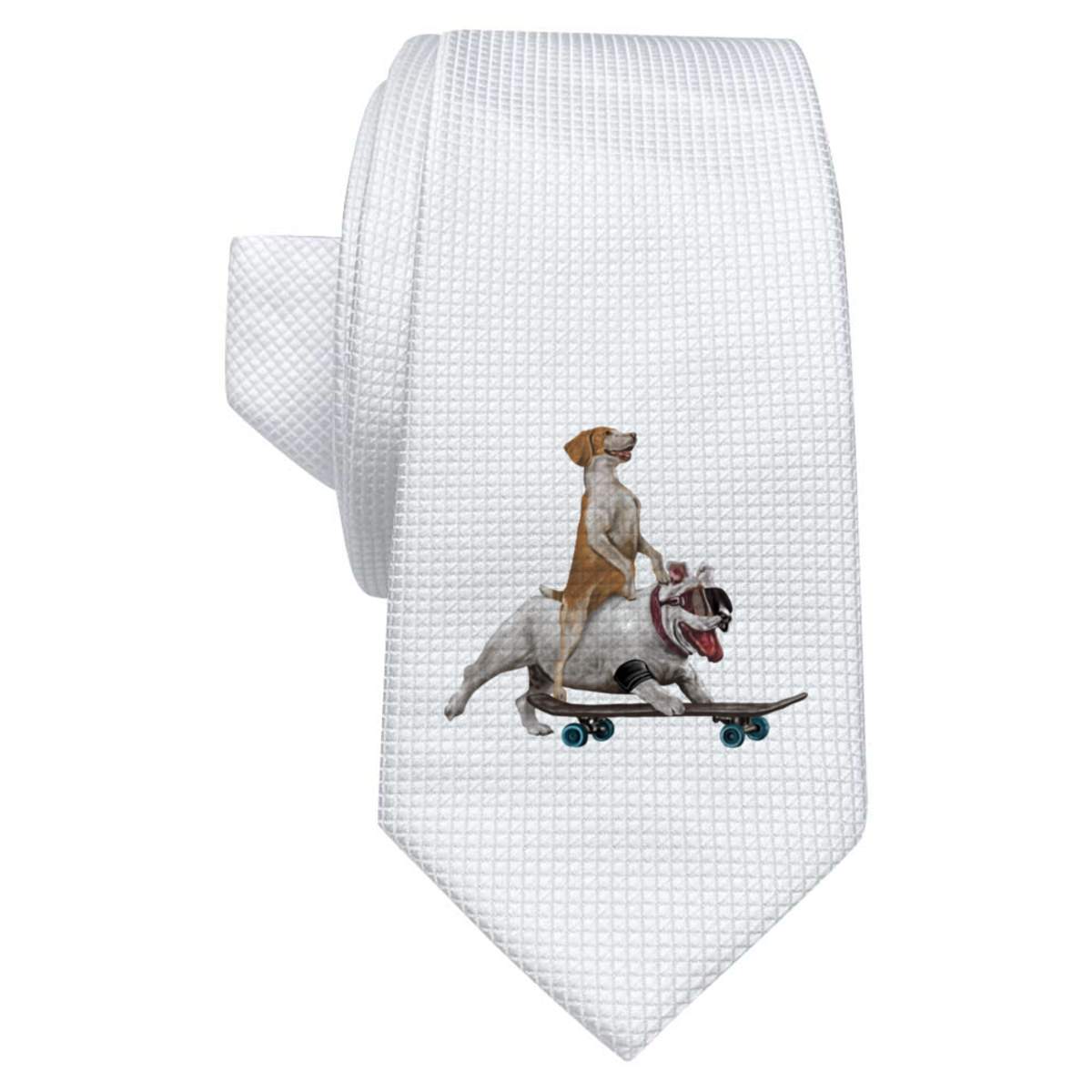 'Skateboarding Bulldog Adventure' White Tie / Necktie with Gift Box (AT00019059)