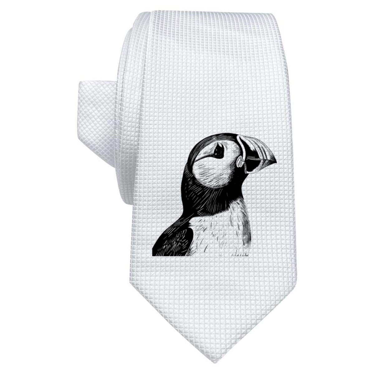 'Puffin Bird Portrait' White Tie / Necktie with Gift Box (AT00020996)