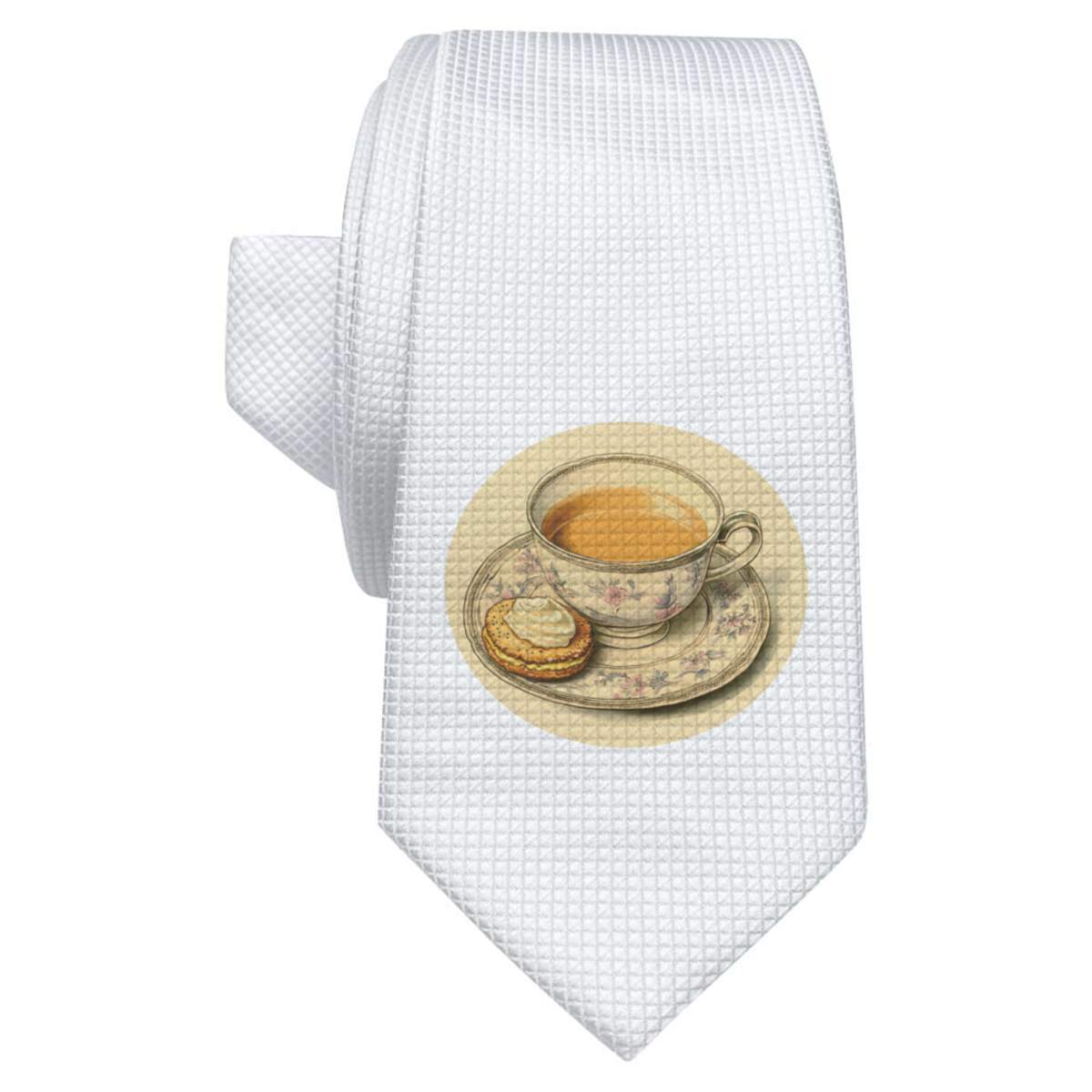 'Cup of Tea with a Custard Cream Biscuit' White Tie / Necktie with Gift Box (AT00022953)