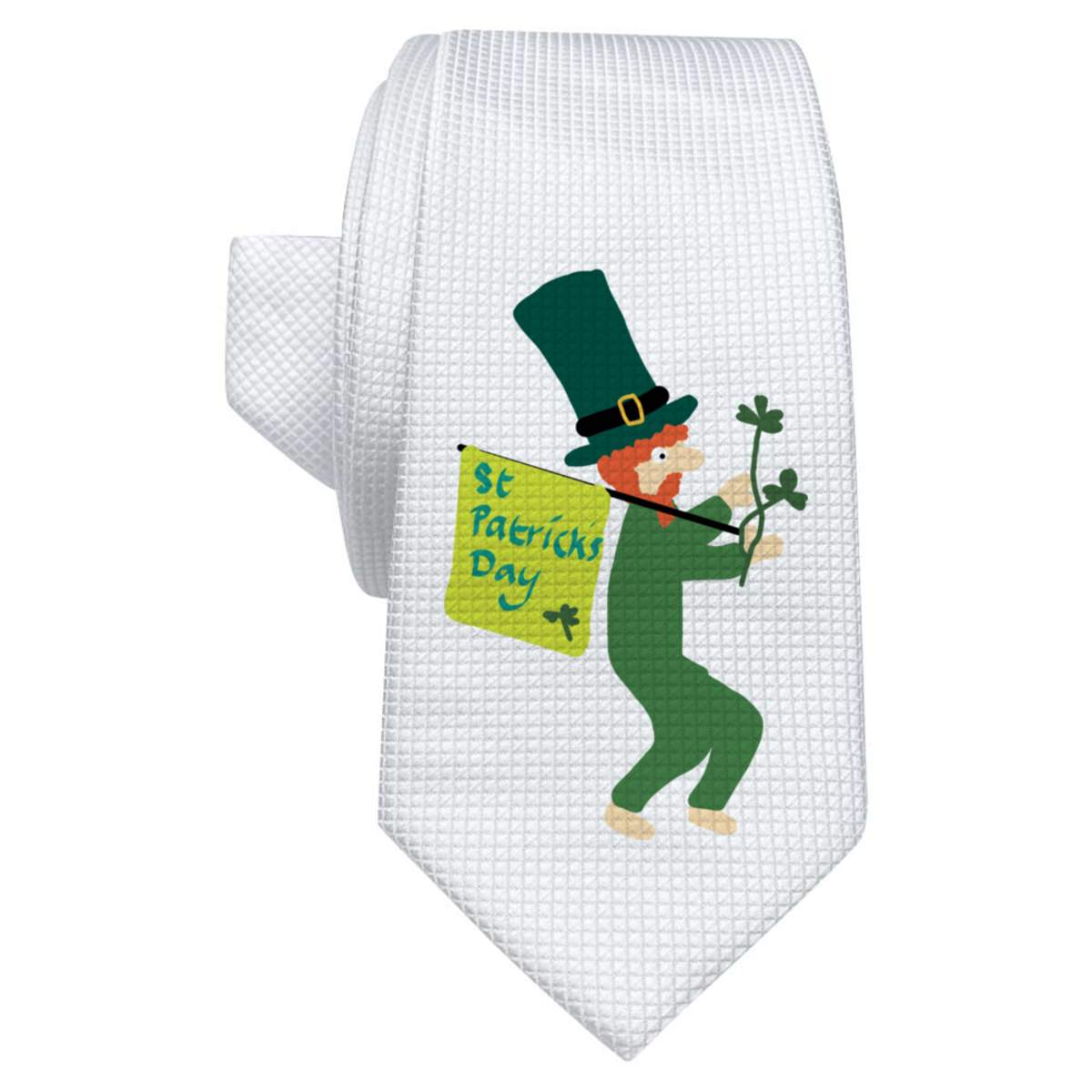 'St Patrick's Day Leprechaun With His Flag' White Tie / Necktie with Gift Box (AT00022964)