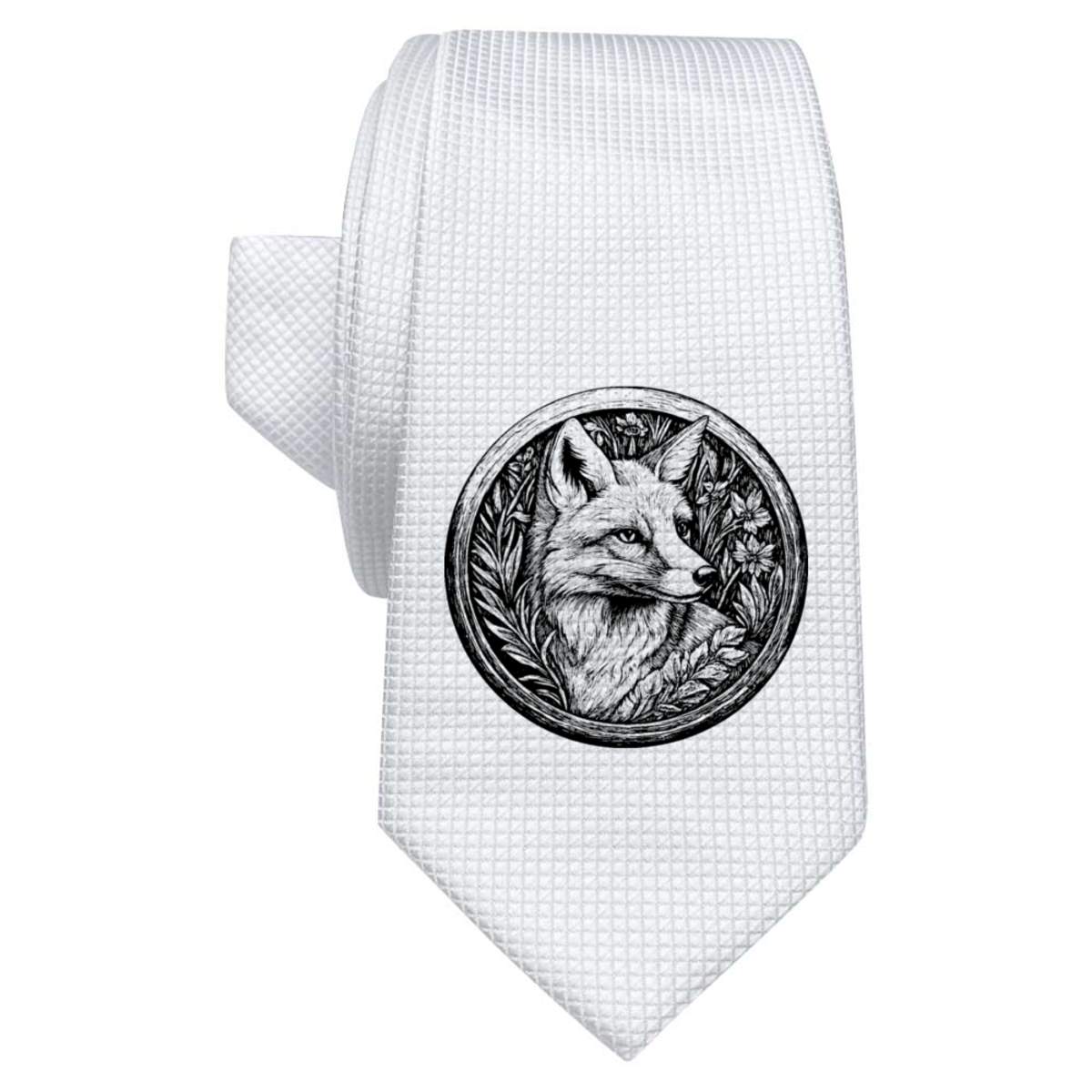 'Fox in Circle Frame' White Tie / Necktie with Gift Box (AT00023182)