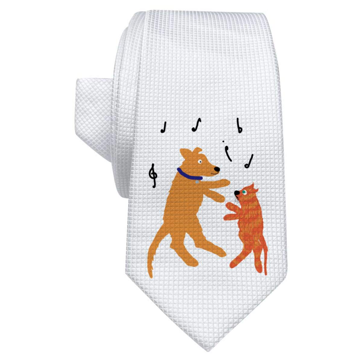 'Dancing Dog And Cat' White Tie / Necktie with Gift Box (AT00023387)