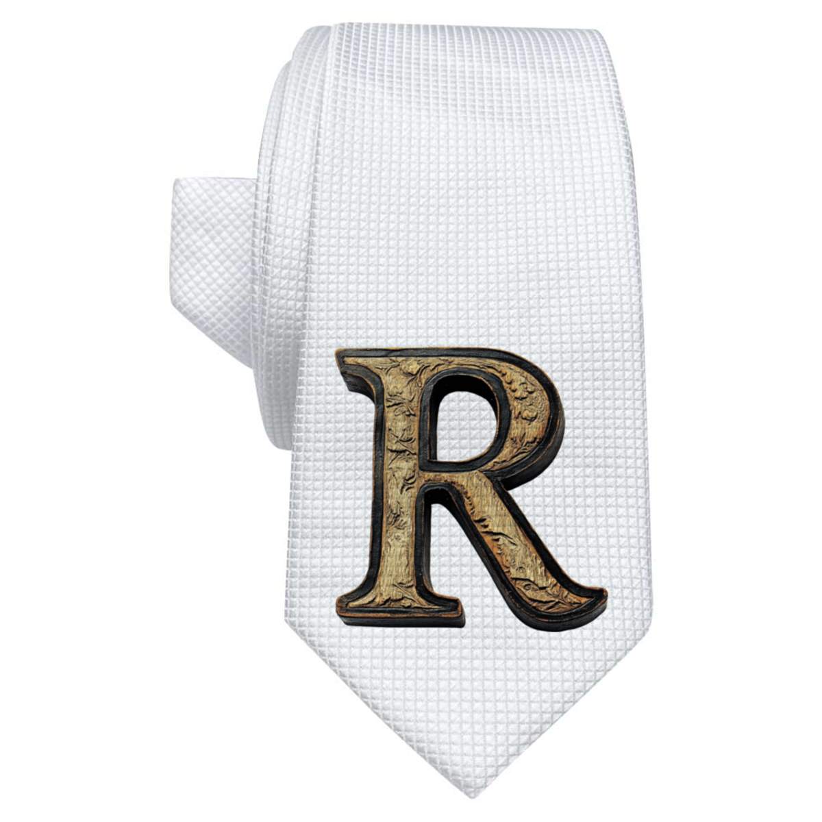 'Wood Textured R' White Tie / Necktie with Gift Box (AT00024126)