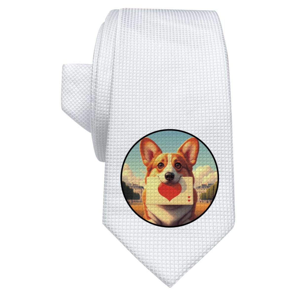 'Welsh Corgi Love Note' White Tie / Necktie with Gift Box (AT00024420)