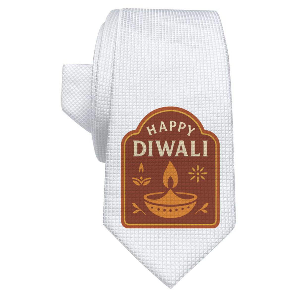 'Happy Diwali Celebratory Design' White Tie / Necktie with Gift Box (AT00026641)