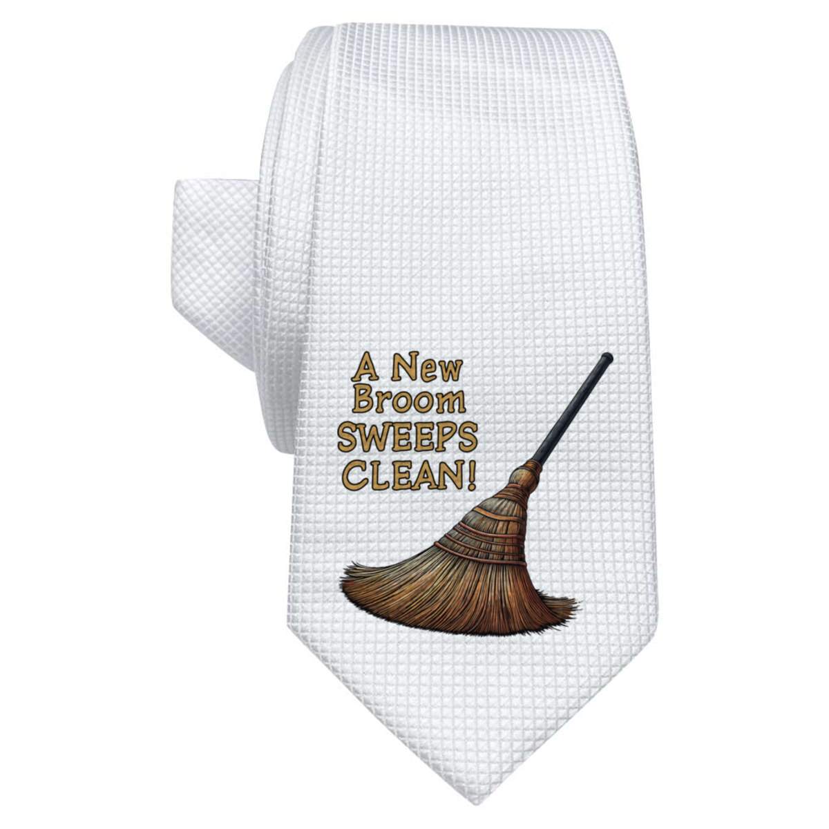 'New Broom Sweeps Clean' White Tie / Necktie with Gift Box (AT00027194)
