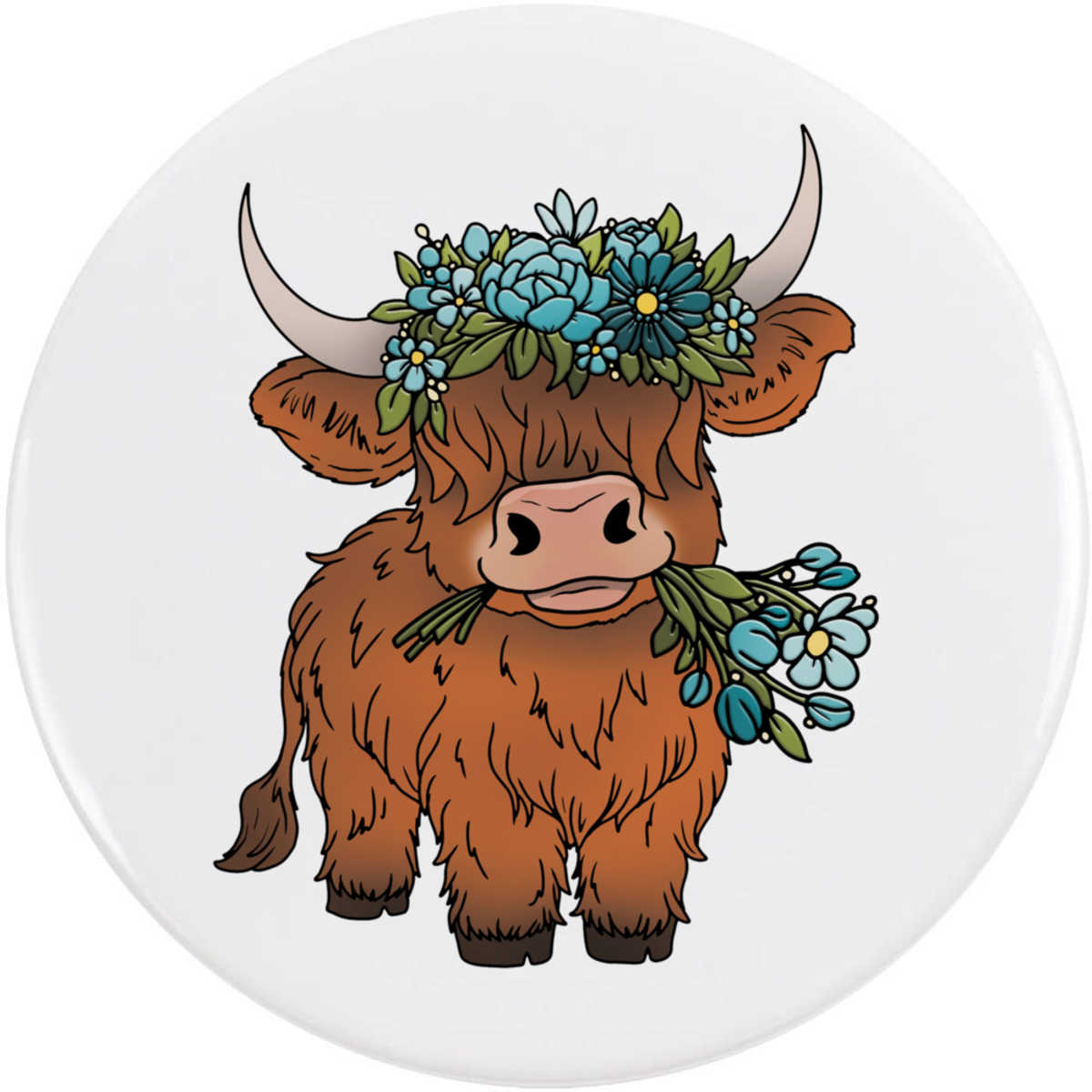 'Highland Cow With Flowers' Button Pin Badges (BB050179)