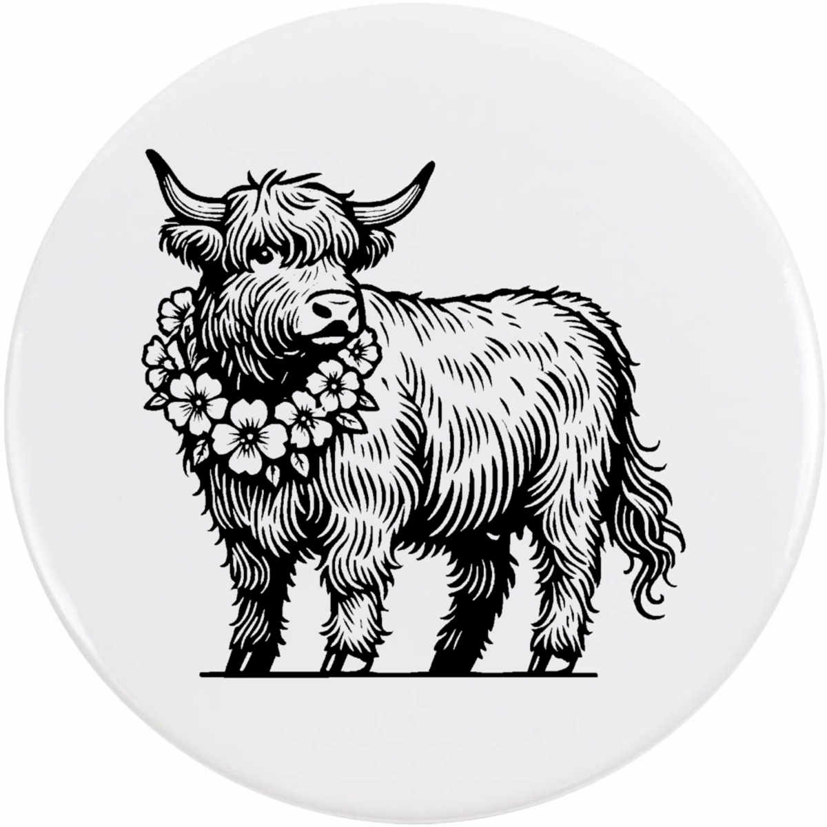 'Highland Cow With Flower Garland' Button Pin Badges (BB051666)