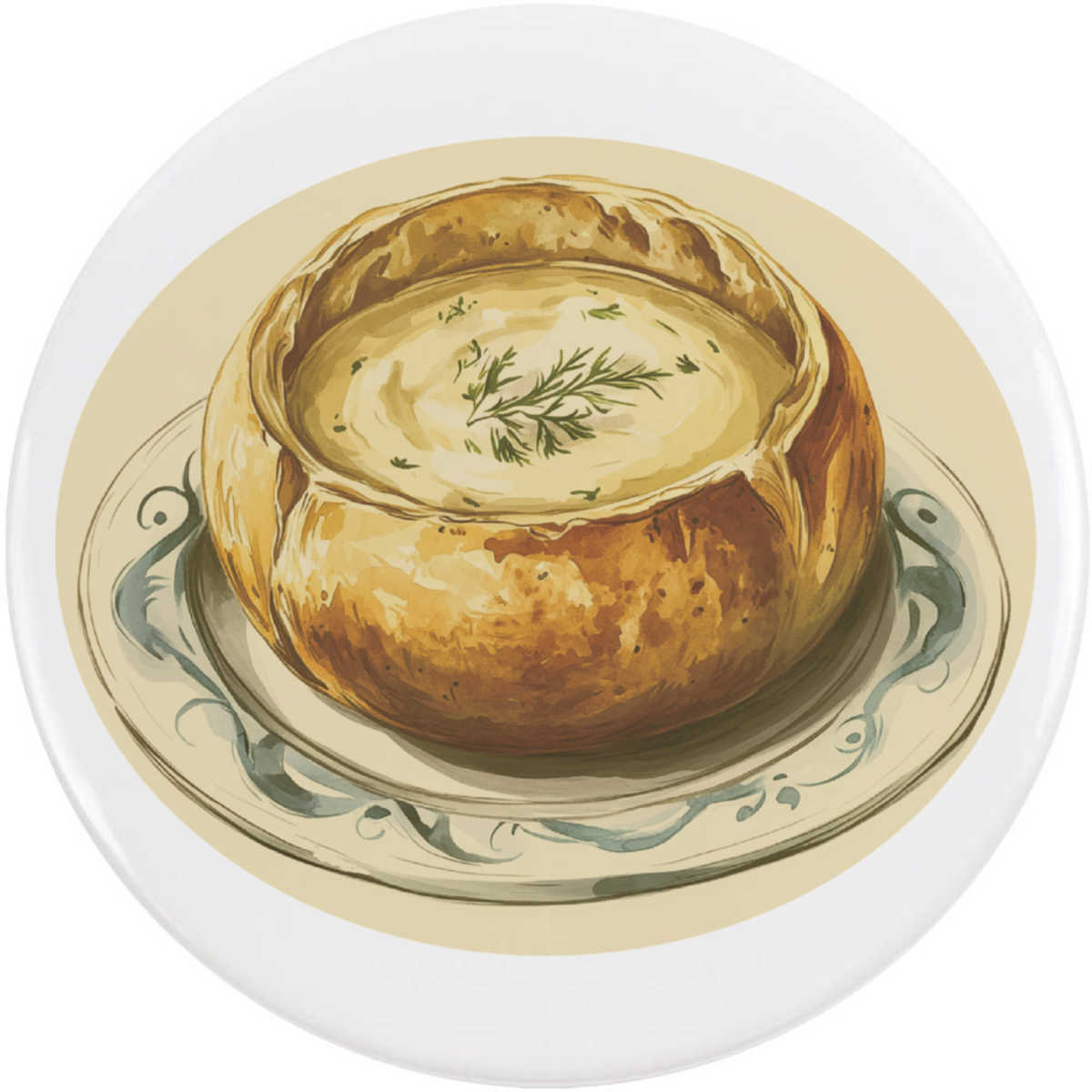 77mm 'Sourdough Bread Bowl Filled with Creamy Soup' Large Button Pin Badge (BB00140530)