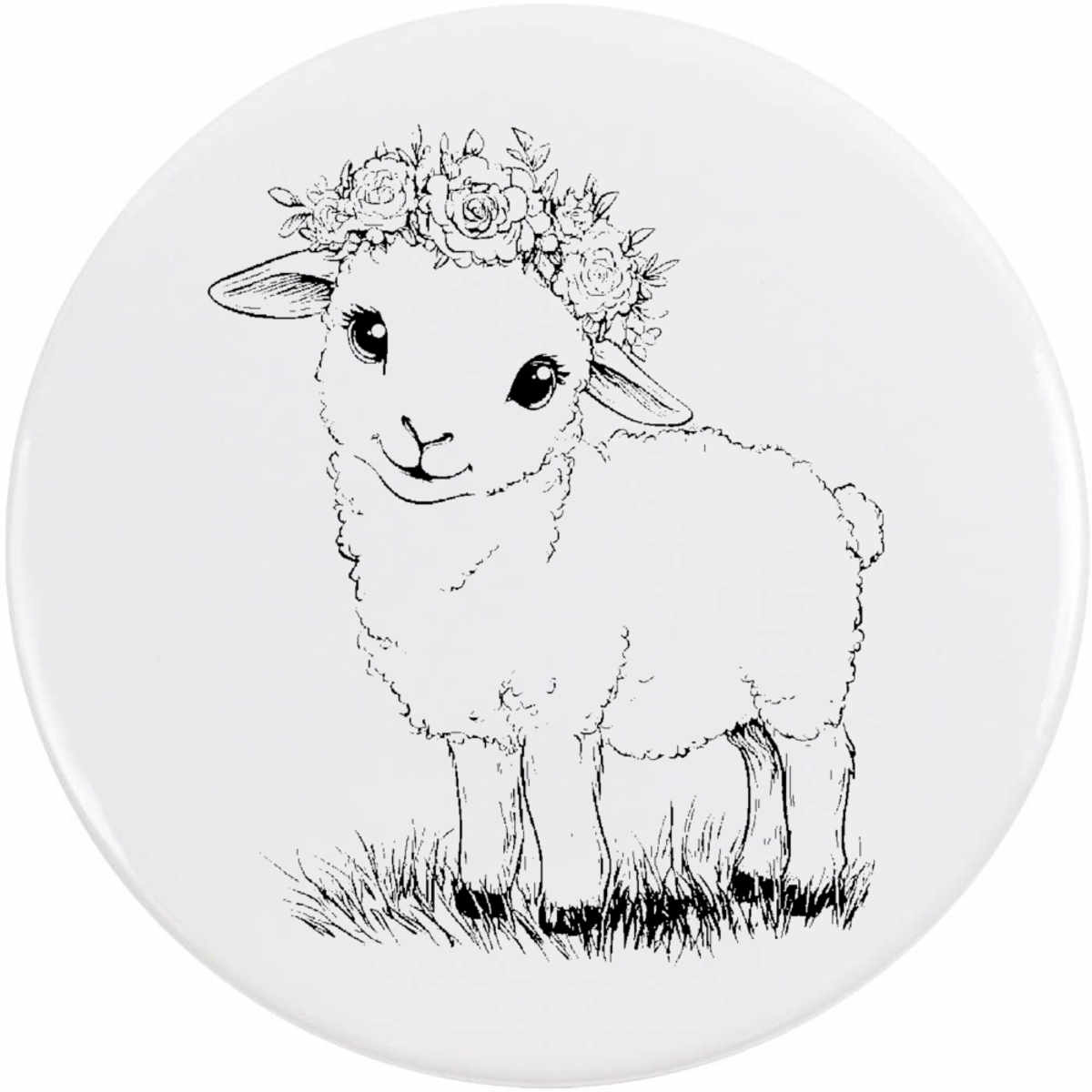 'Lamb With Floral Crown' Button / Lapel Badges - Pin Back Badges for Clothes, Bags, Accessories and Gifts (BB052948)