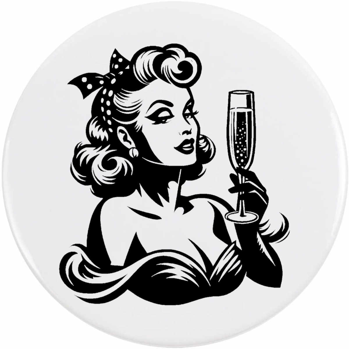'Girl Drinking Champagne' Button Badge - 77mm - Pin Back / Lapel Badge for Clothes, Bags, Accessories and Gifts (BB00142727)