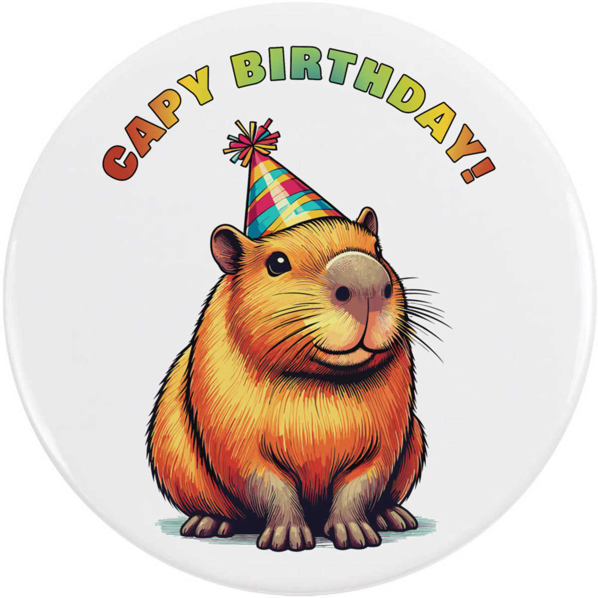 'Cute Capybara Birthday' Button / Lapel Badges - Pin Back Badges for Clothes, Bags, Accessories and Gifts (BB058548)