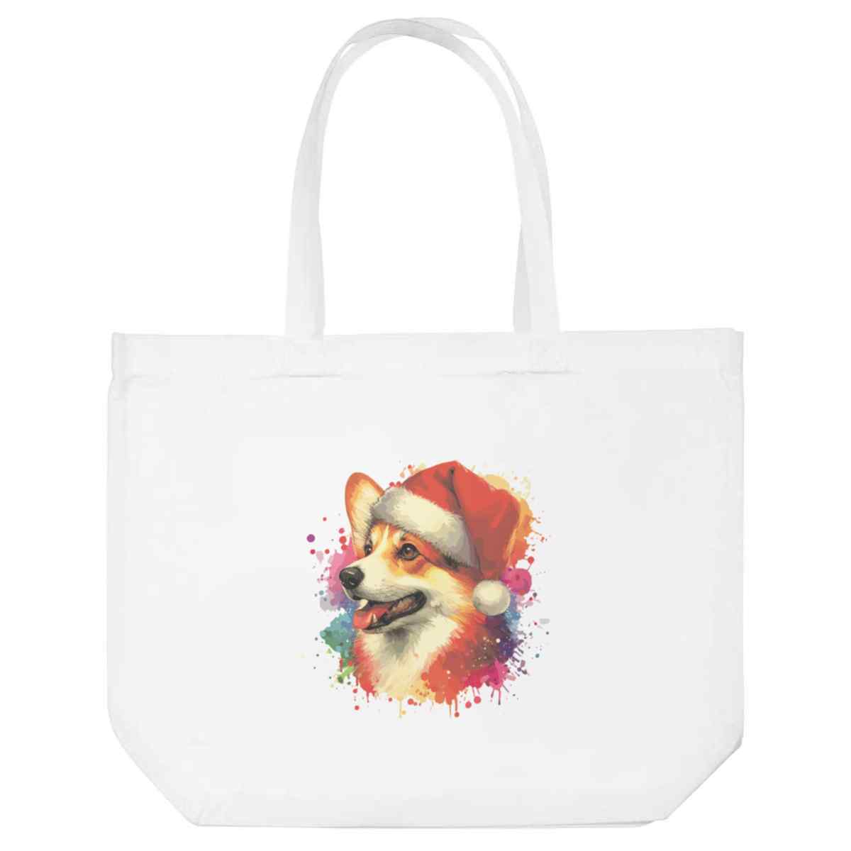 'Welsh Corgi In Santa Hat' Reusable Shopping Tote Bag - White - Reusable Shopper for Groceries, Books, Work, School and Travel (BG00080695)