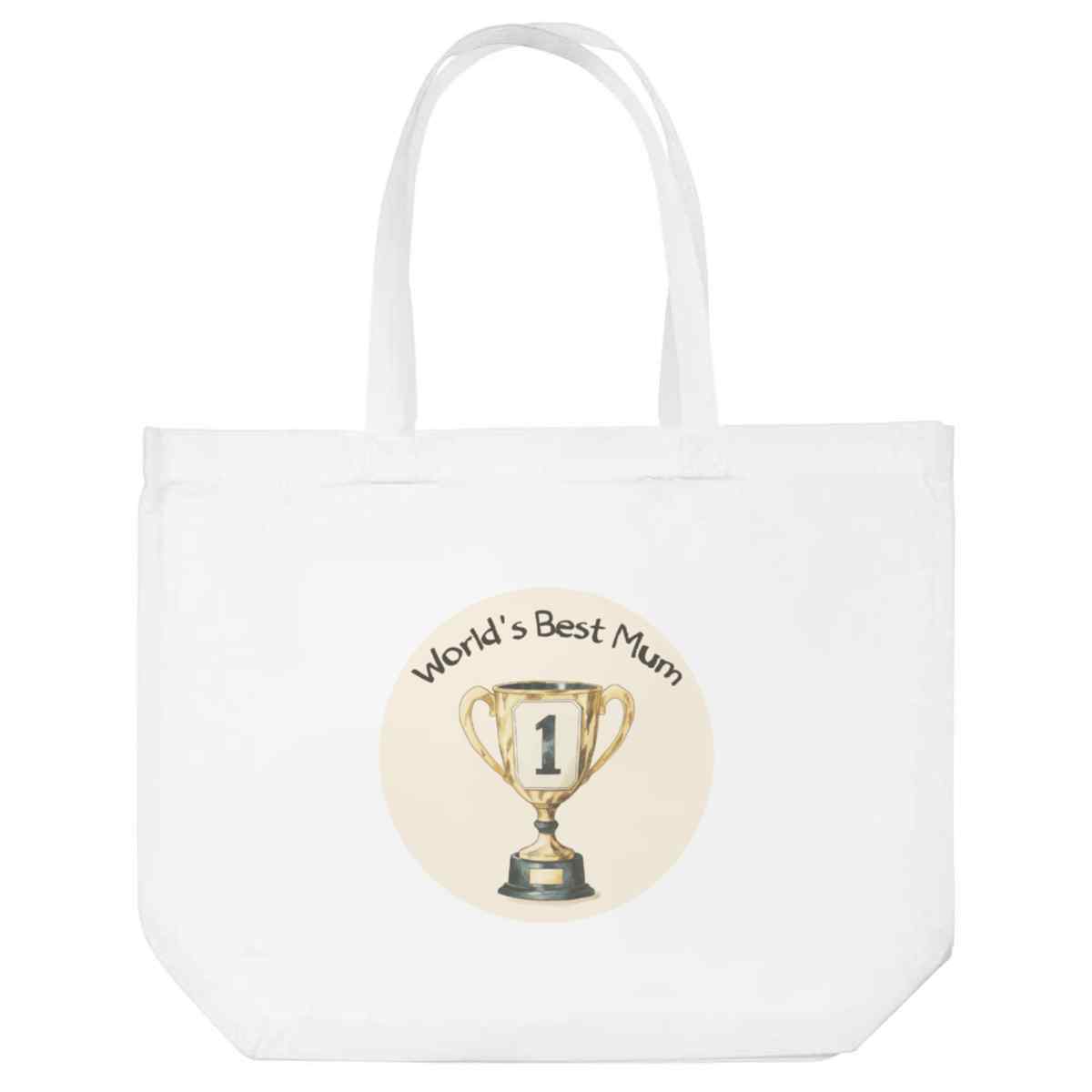 'World's Best Mum Trophy' Reusable Shopping Tote Bag - White - Reusable Shopper for Groceries, Books, Work, School and Travel (BG00082895)