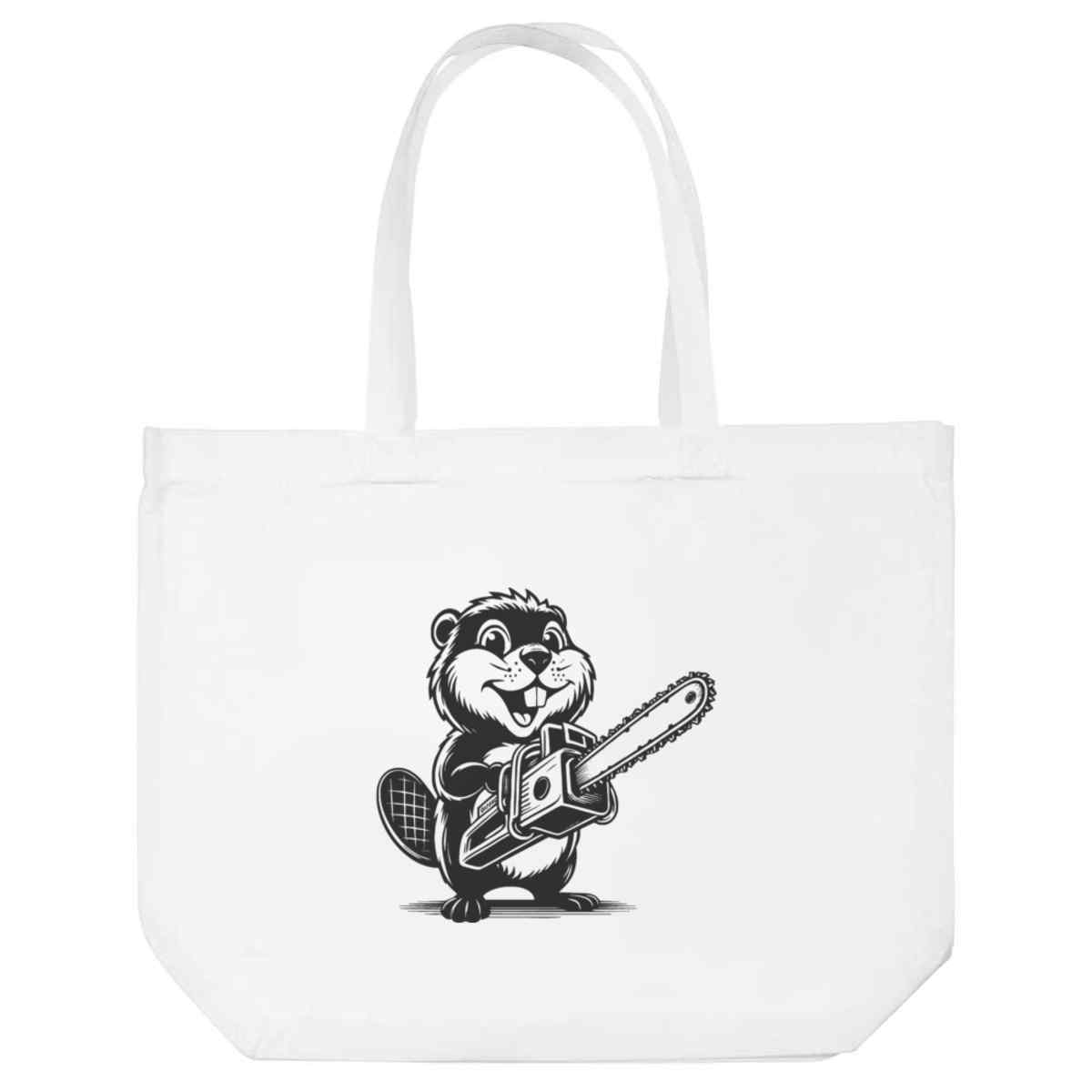 'Beaver With Chainsaw' Reusable Shopping Tote Bag - White - Reusable Shopper for Groceries, Books, Work, School and Travel (BG00085234)