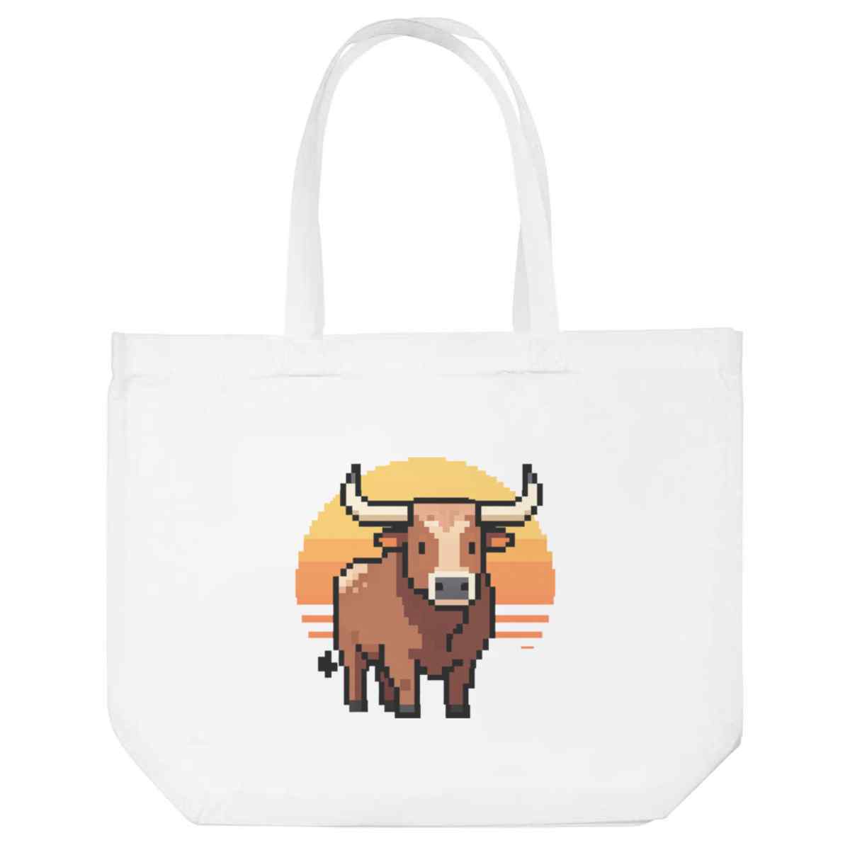 'Pixel Longhorn & Sunset' Reusable Shopping Tote Bag - White - Reusable Shopper for Groceries, Books, Work, School and Travel (BG00089515)