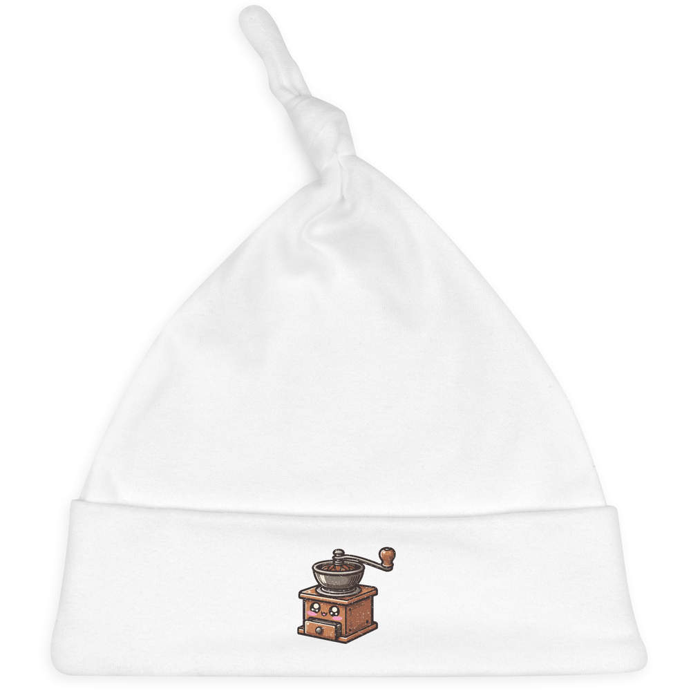 'Kawaii Coffee Grinder' Knotted Baby Hat - White - Soft Beanie for Newborns, Infants, Nursery Wear and Baby Gifts (BH00027235)
