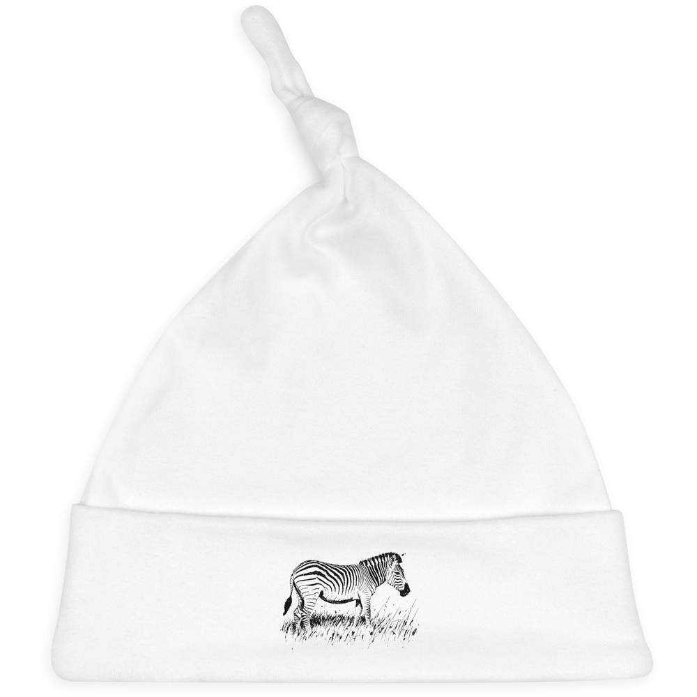 'Zebra Grazing on Grass' Knotted Baby Hat - White - Soft Beanie for Newborns, Infants, Nursery Wear and Baby Gifts (BH00027746)