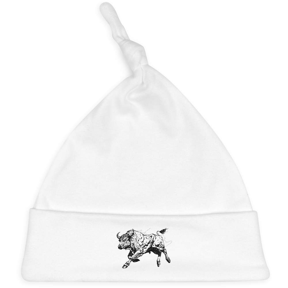 'Taurus Bull Jumping' Knotted Baby Hat - White - Soft Beanie for Newborns, Infants, Nursery Wear and Baby Gifts (BH00029186)