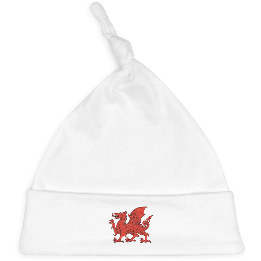 'Traditional Welsh Dragon' Knotted Baby Hat - White - Soft Beanie for Newborns, Infants, Nursery Wear and Baby Gifts (BH00031597)