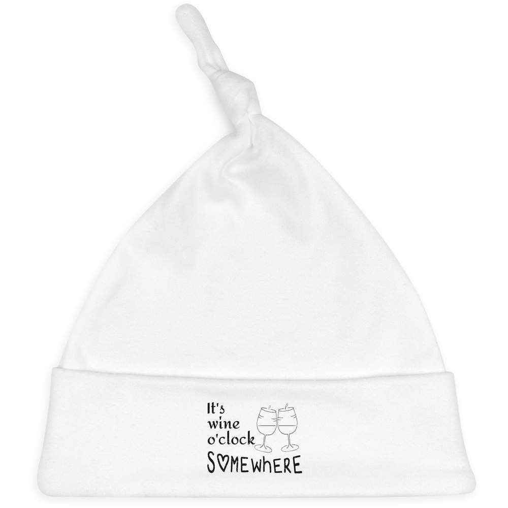 'Wine O'clock Somewhere' Knotted Baby Hat - White - Soft Beanie for Newborns, Infants, Nursery Wear and Baby Gifts (BH00032376)