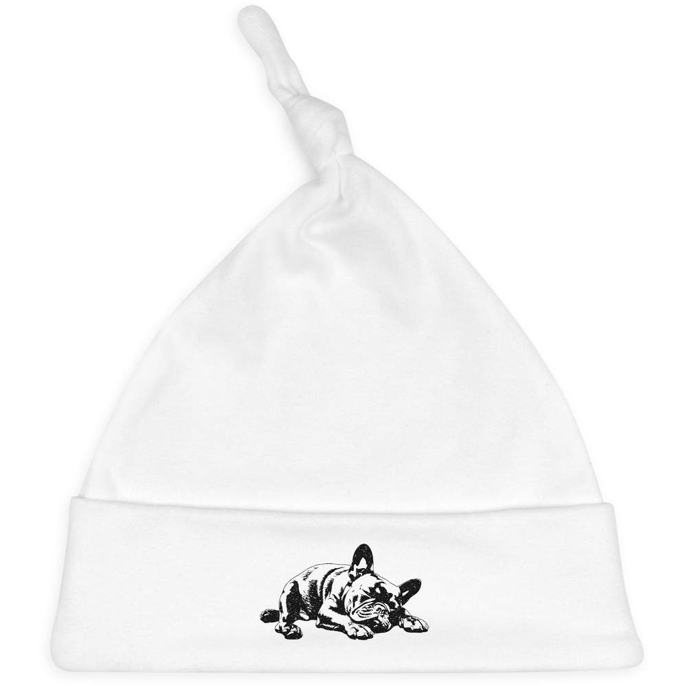 'French Bulldog Sleeping' Knotted Baby Hat - White - Soft Beanie for Newborns, Infants, Nursery Wear and Baby Gifts (BH00033554)