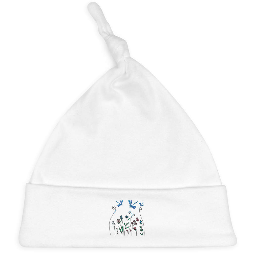 'Dragonflies & Wildflowers' Knotted Baby Hat - White - Soft Beanie for Newborns, Infants, Nursery Wear and Baby Gifts (BH00033679)
