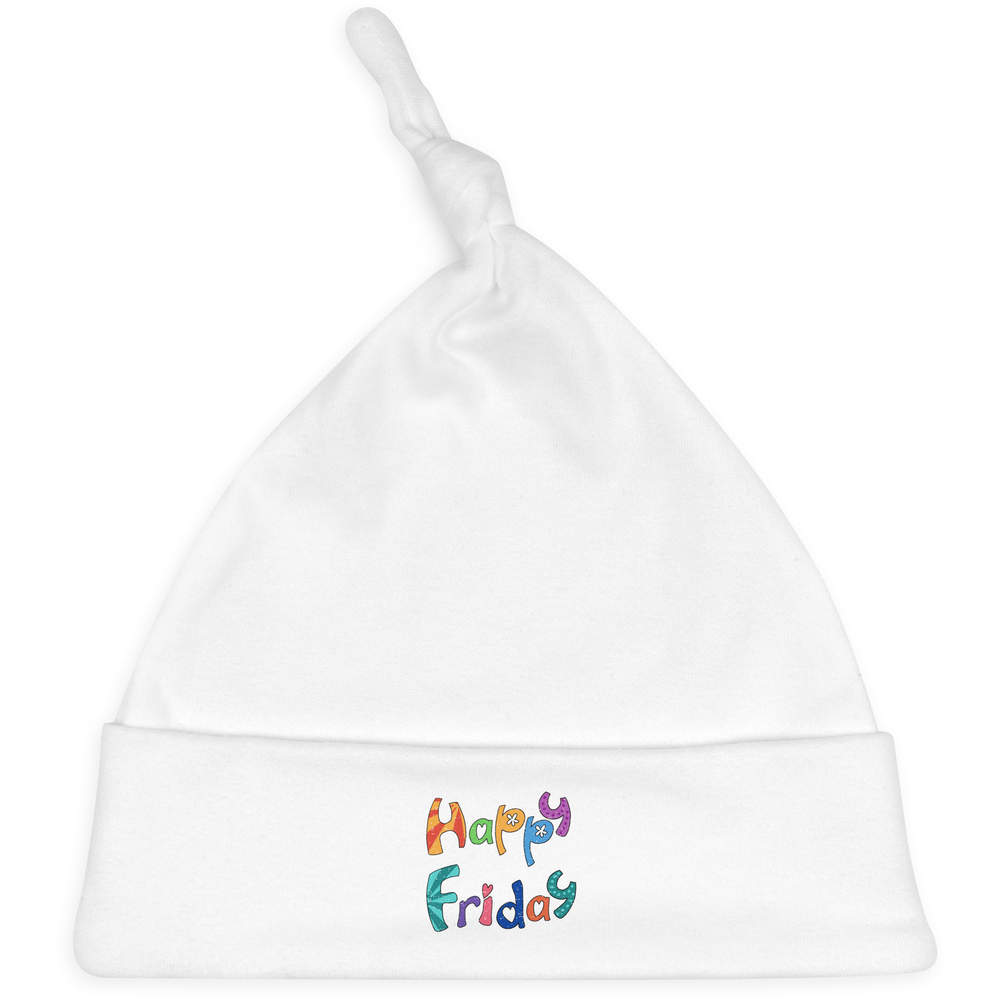 'Happy Friday' Knotted Baby Hat - White - Soft Beanie for Newborns, Infants, Nursery Wear and Baby Gifts (BH00033849)