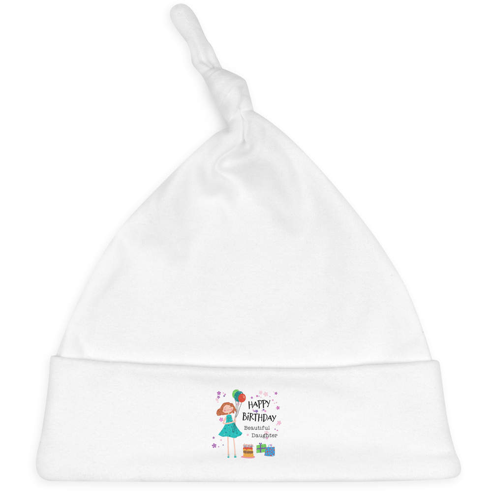 'Happy Birthday Daughter' Knotted Baby Hat - White - Soft Beanie for Newborns, Infants, Nursery Wear and Baby Gifts (BH00033863)