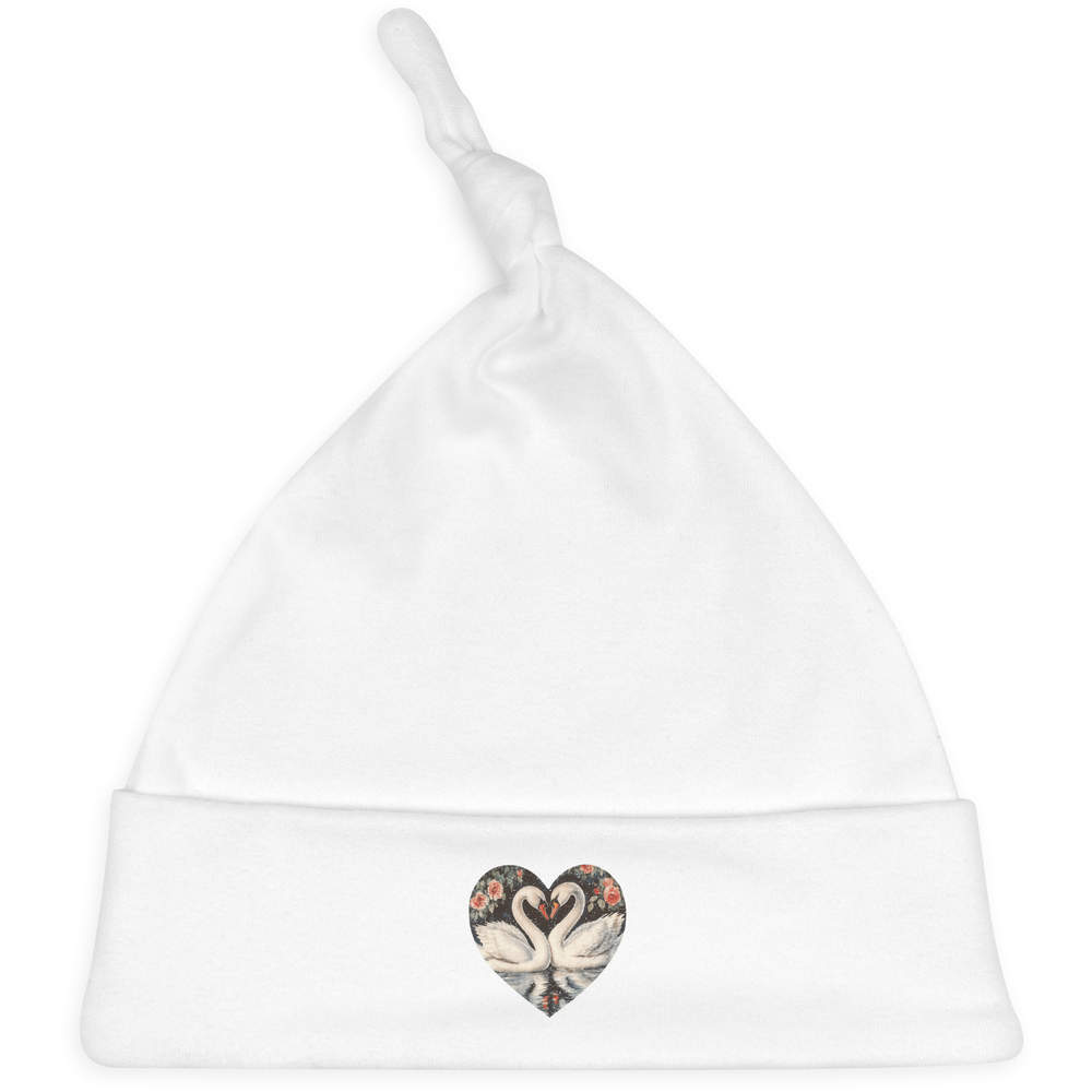 'Swan Couple with Flowers' Knotted Baby Hat - White - Soft Beanie for Newborns, Infants, Nursery Wear and Baby Gifts (BH00034754)