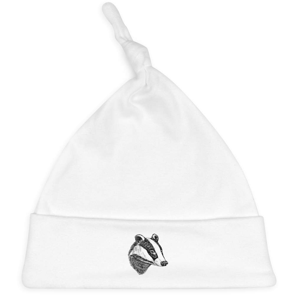 'Badger Portrait' Knotted Baby Hat - White - Soft Beanie for Newborns, Infants, Nursery Wear and Baby Gifts (BH00035053)
