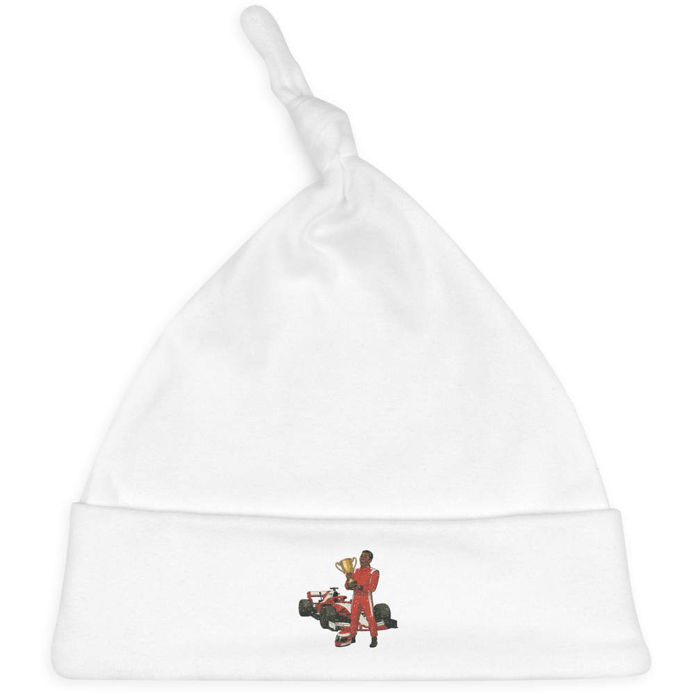 'Racer Celebrating Victory' Knotted Baby Hat - White - Soft Beanie for Newborns, Infants, Nursery Wear and Baby Gifts (BH00036072)