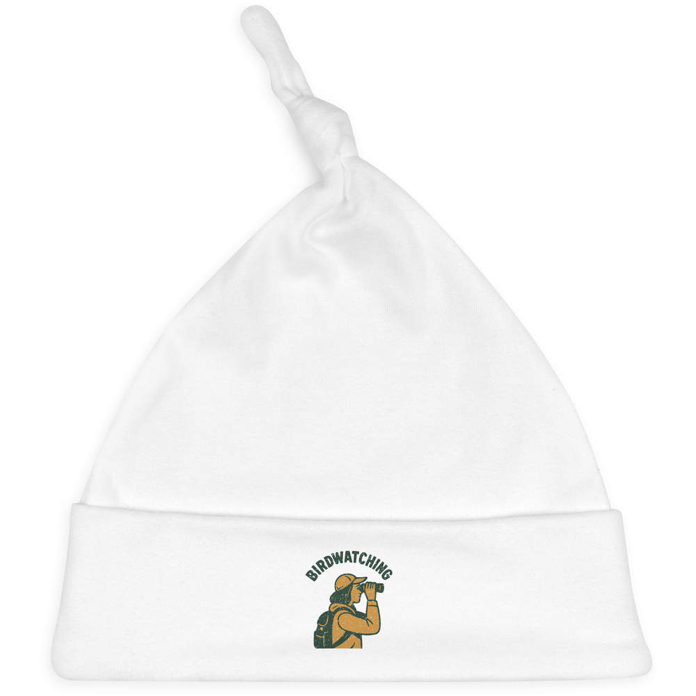 'Birdwatcher & Binoculars' Knotted Baby Hat - White - Soft Beanie for Newborns, Infants, Nursery Wear and Baby Gifts (BH00036270)