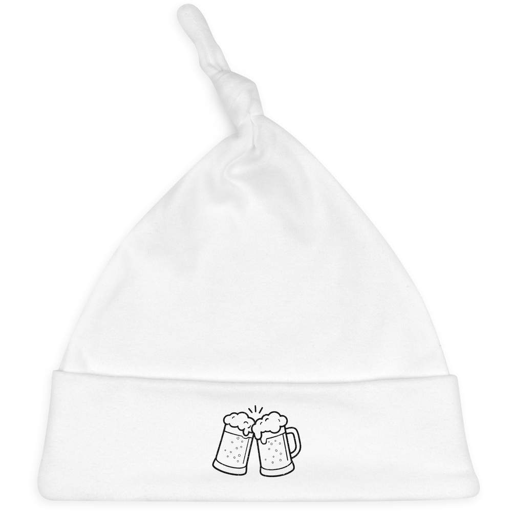 'Clinking Beer Tankards' Knotted Baby Hat - White - Soft Beanie for Newborns, Infants, Nursery Wear and Baby Gifts (BH00036582)