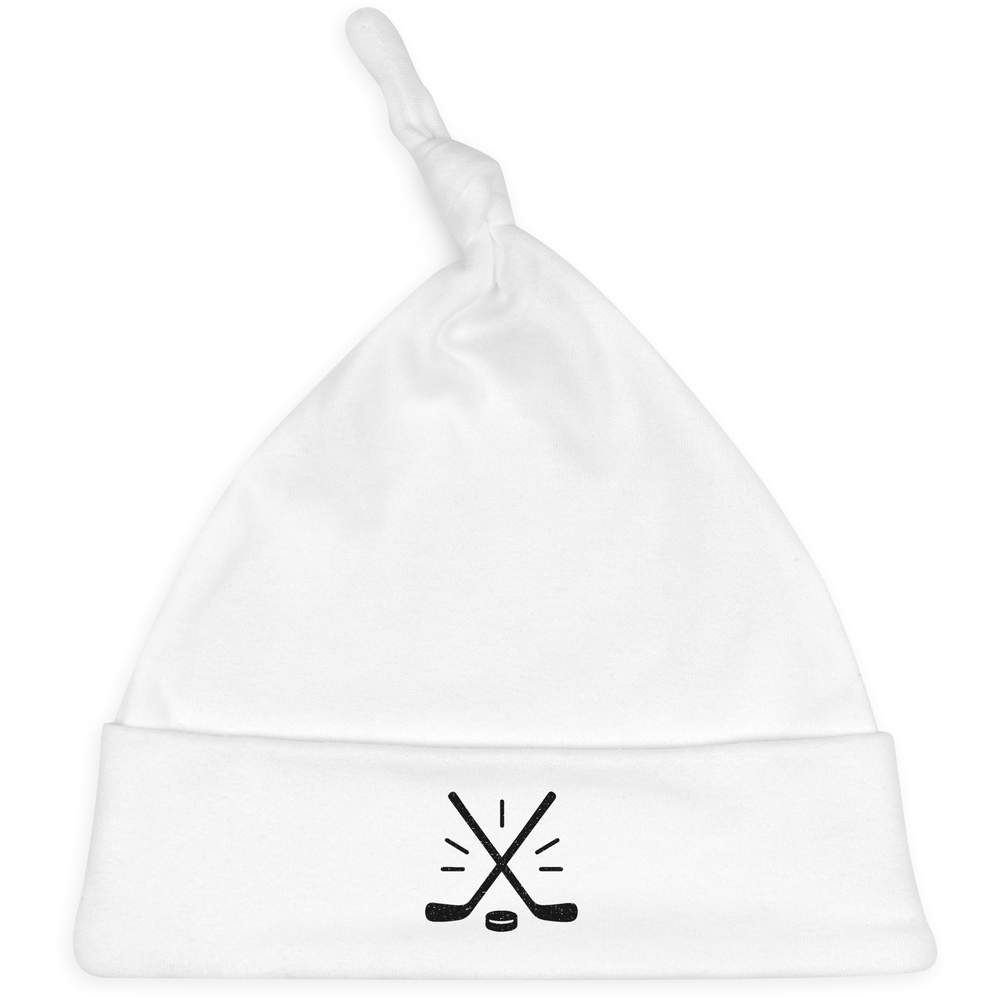 'Hockey Sticks and Puck' Knotted Baby Hat - White - Soft Beanie for Newborns, Infants, Nursery Wear and Baby Gifts (BH00037172)