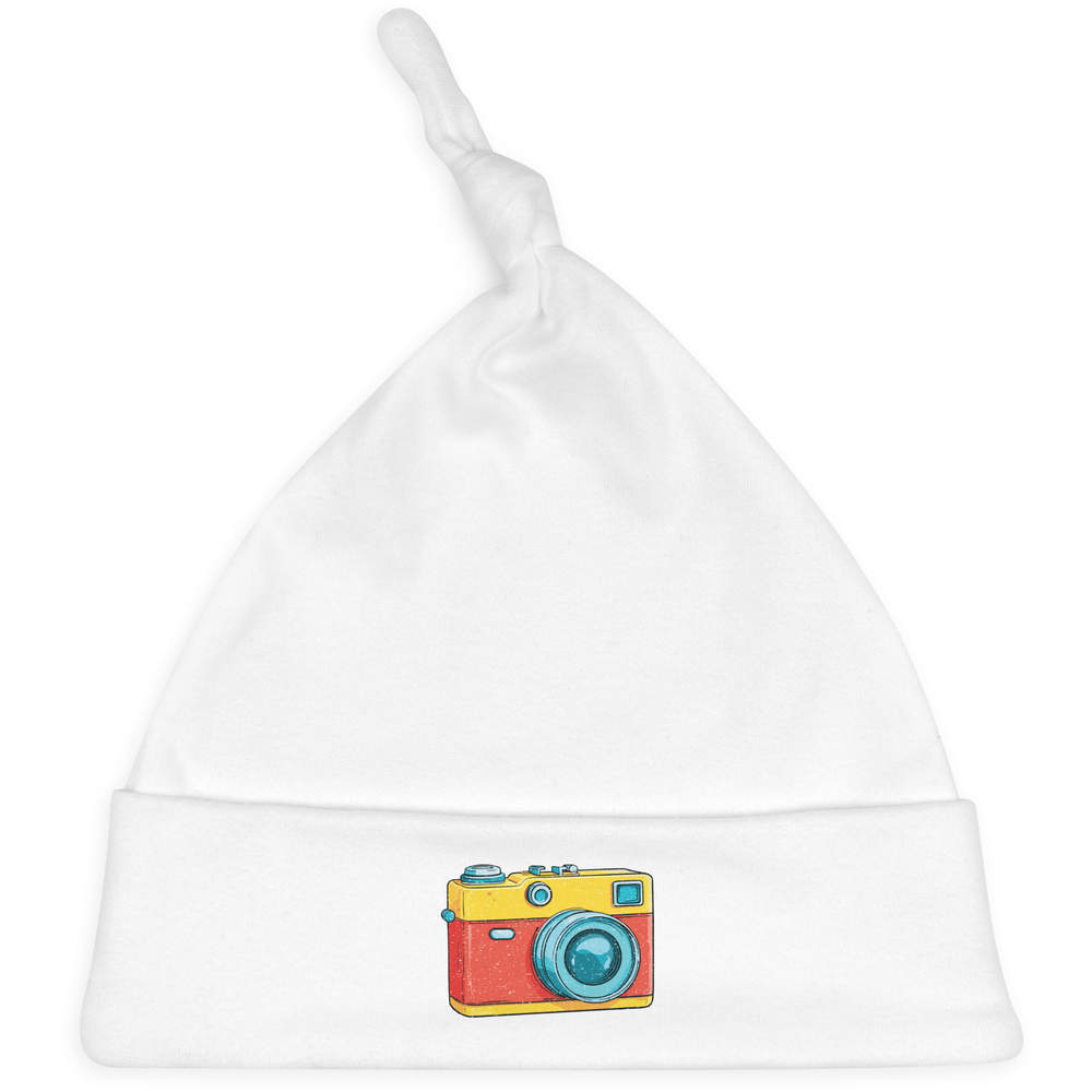 'Colorful Vintage Camera' Knotted Baby Hat - White - Soft Beanie for Newborns, Infants, Nursery Wear and Baby Gifts (BH00038808)