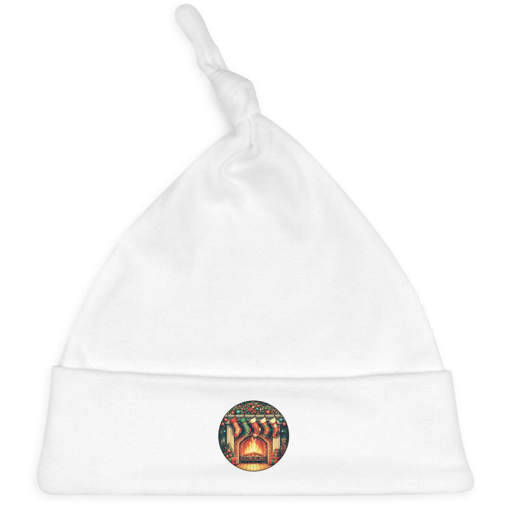 'Fireplace With Stockings' Knotted Baby Hat - White - Soft Beanie for Newborns, Infants, Nursery Wear and Baby Gifts (BH00038947)