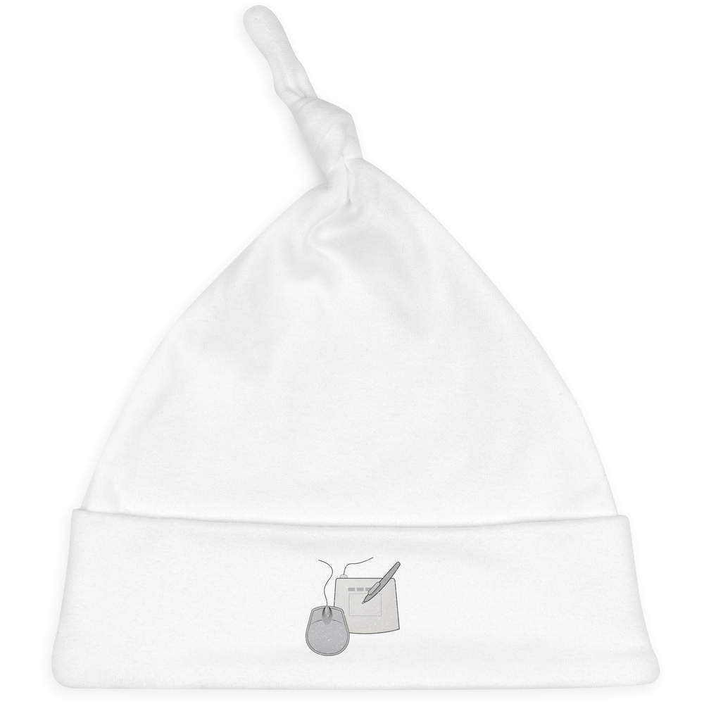 'Graphic Tablet And Mouse' Knotted Baby Hat - White - Soft Beanie for Newborns, Infants, Nursery Wear and Baby Gifts (BH00039622)