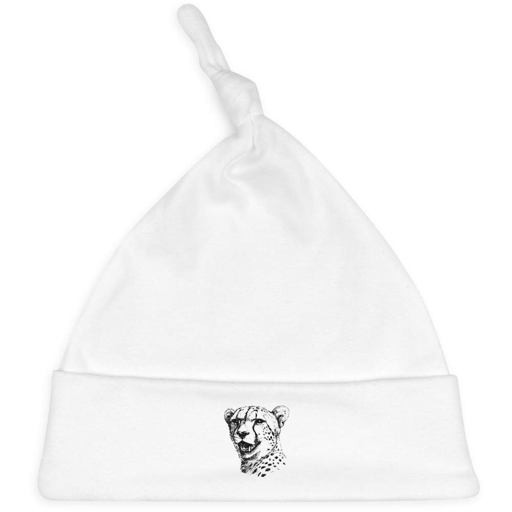 'Cheetah Portrait' Knotted Baby Hat - White - Soft Beanie for Newborns, Infants, Nursery Wear and Baby Gifts (BH00039948)