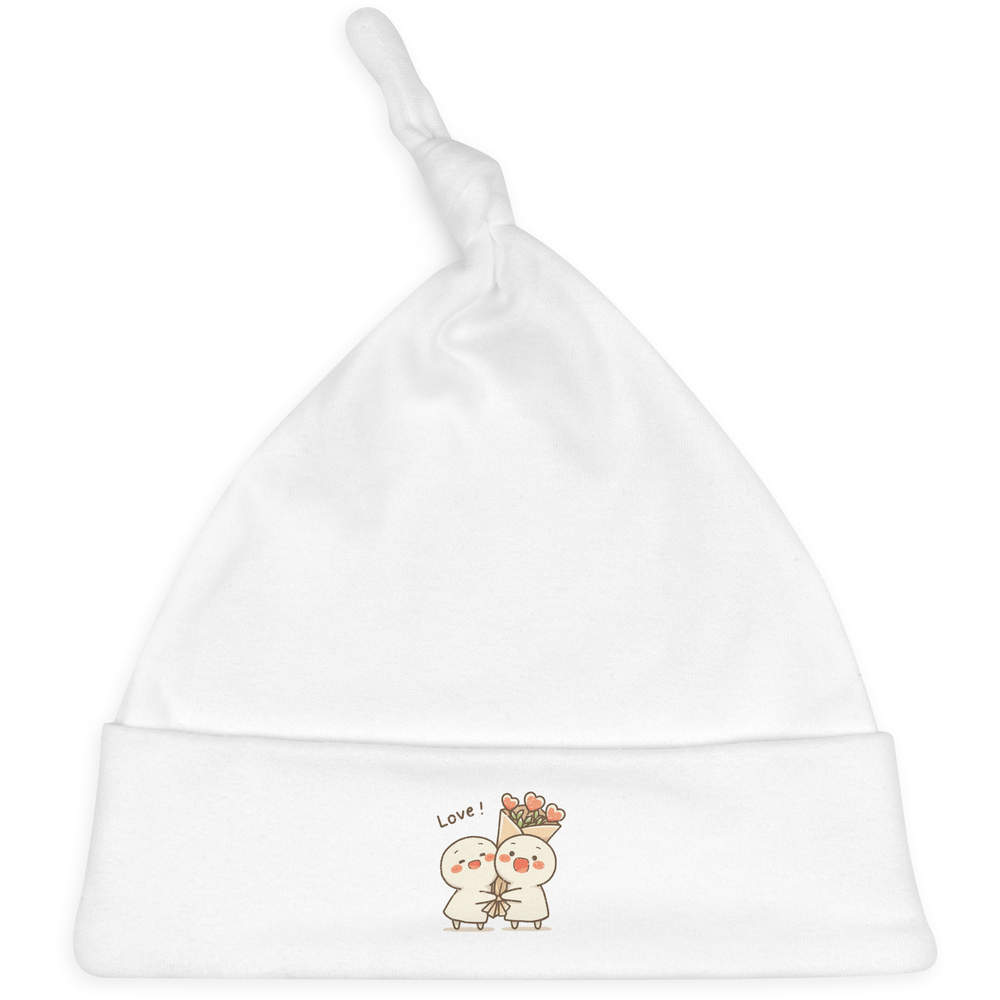 'Couple With Heart Flowers' Knotted Baby Hat - White - Soft Beanie for Newborns, Infants, Nursery Wear and Baby Gifts (BH00040547)