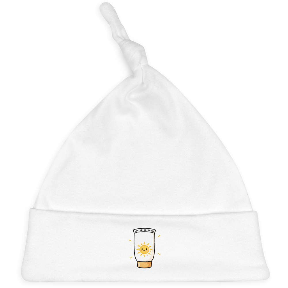 'Suncream Bottle' Knotted Baby Hat - White - Soft Beanie for Newborns, Infants, Nursery Wear and Baby Gifts (BH00040787)