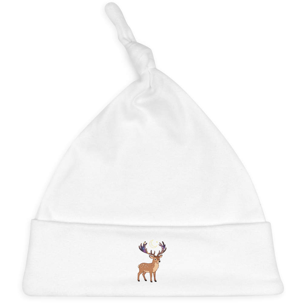 'Stag With Galaxy Antlers' Knotted Baby Hat - White - Soft Beanie for Newborns, Infants, Nursery Wear and Baby Gifts (BH00040982)